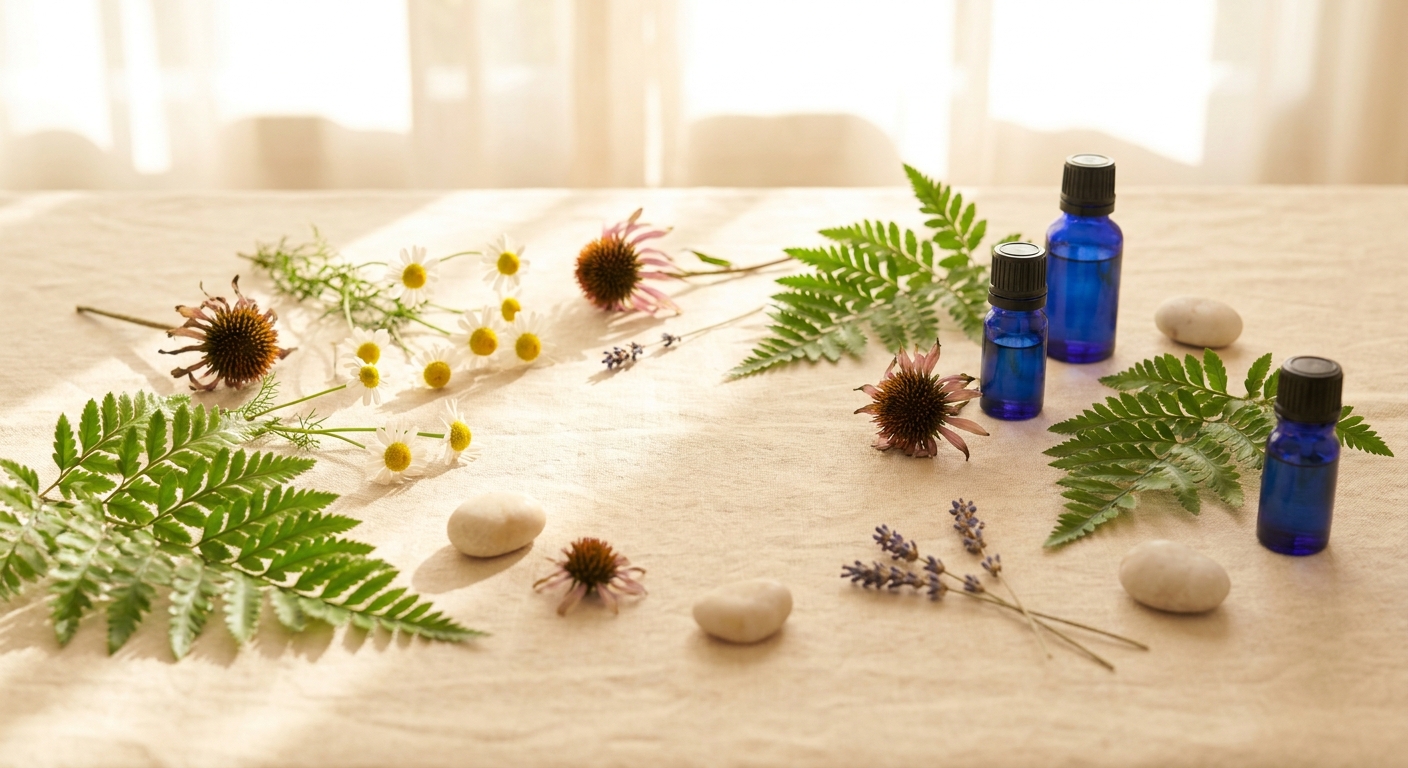 Sanfte Heilpflanzen und natürliche Elemente in homöopathischer Praxis